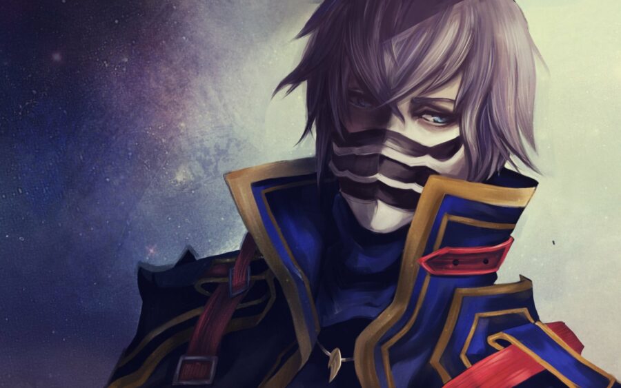 Illustration officielle en couleur du personnage Kurasame Susaya de Final Fantasy Type-0, portant son masque et son uniforme militaire.