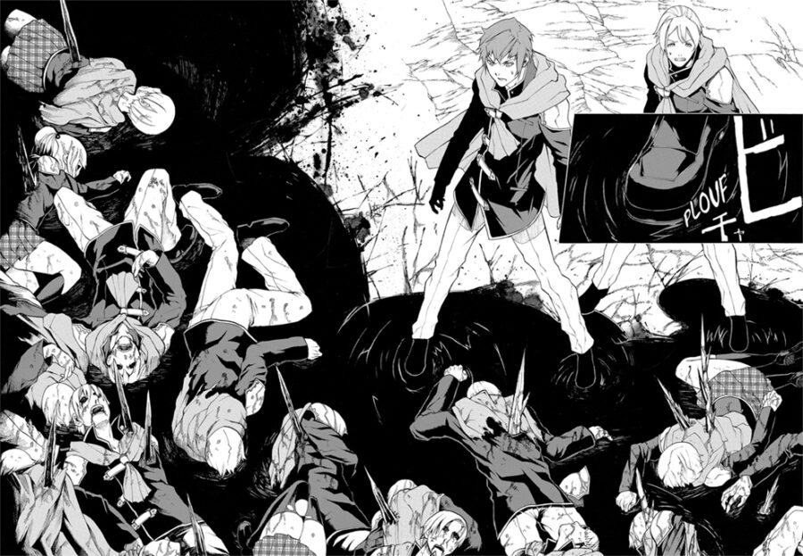 planche en noir et blanc du manga Final Fantasy type 0 le guerrier à l'épée de glace