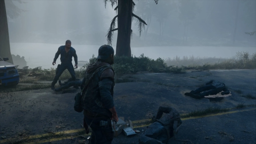 Scène de combat dans Days Gone Remastered montrant Deacon St.John armé ,combattant des mutantsdansune forêt.